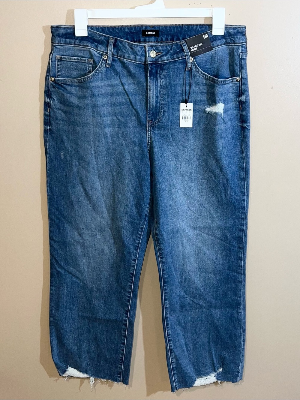 Express 90’s Ankle Boot Mid Rise Distressed Jeans Women’s 14R Blue 36x27 - Picture 2 of 6